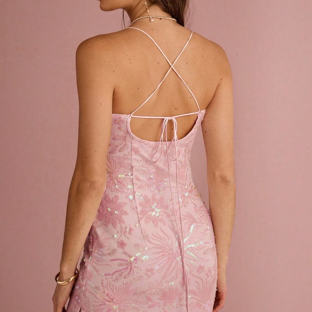 Pink Elegant Women's Pastel Floral Mermaid Maxi Dress - Picture 4 of 7